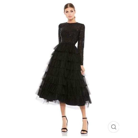 Mac Duggal NWT size 2 long sleeve tiered ruffle midi dress *READ NOTES* style 26